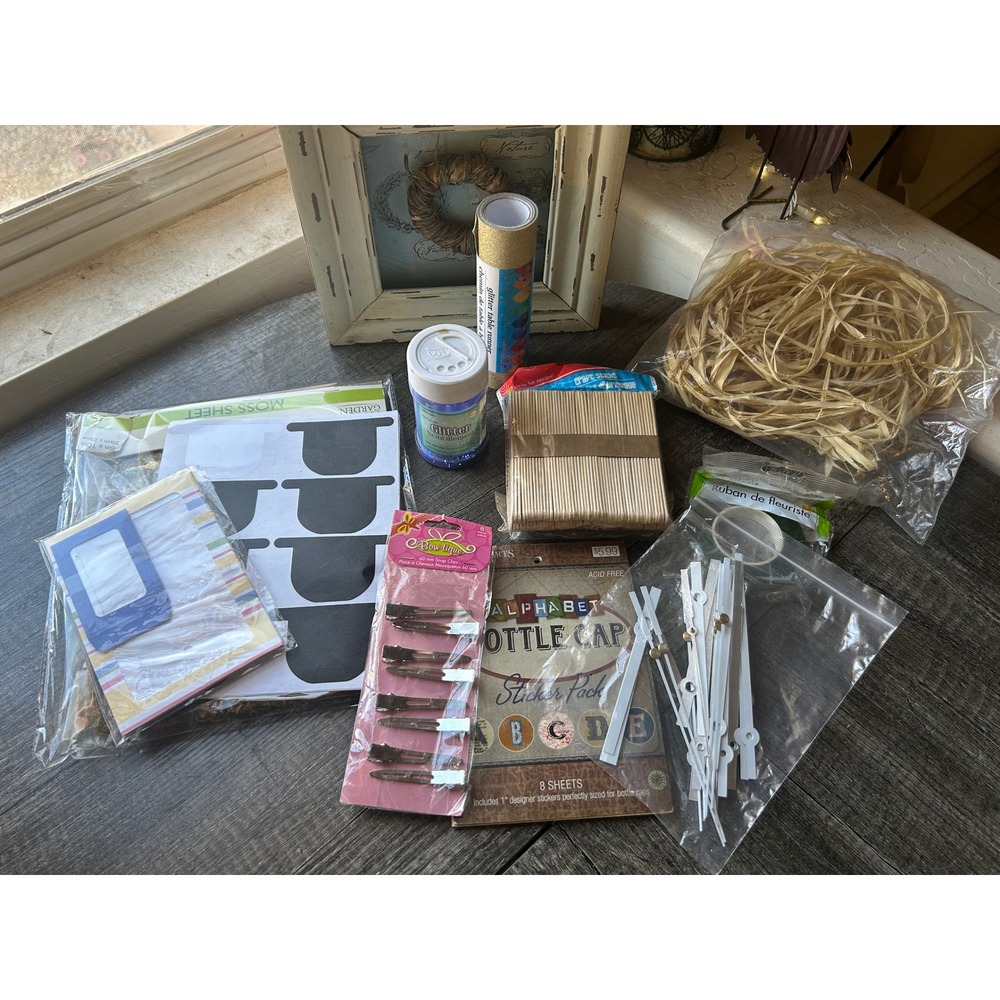 Mixed Craft Supplies Lot Glitter Glow in Dark Fabric Paint Raffia Scrapbooking